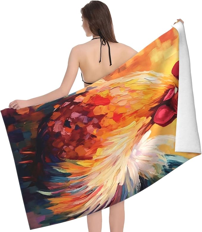 Rooster Beach Towel 31inx51in, Colorful Farm Animal Sand-Free Microfiber Bath Towel Ultra Soft Quick Dry Pool Towel Absorbent Towel Lightweight Towel for Swimming Bathroom Decor