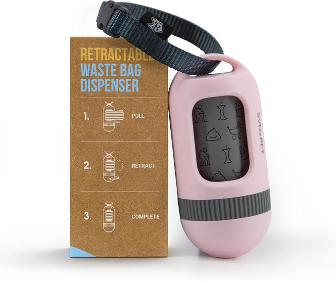 SVD.PET Dog Poop Bag Dispenser, Waste Bag Retractable, Primrose Pink | Portable Poop Bag Holder, Fits Any Dog Leash, Leak-Proof Bag Starter Roll Included, Dog Walking & Travel Accessory