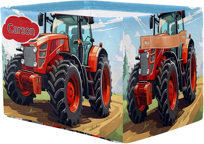 Personalized Name Storage Basket with Handles, Canvas Storage Bins Toys Clothes Organizer for Bedroom, Kitchen, Bathroom, Nursery, Shelves, Closets, Rural Farm Tractor