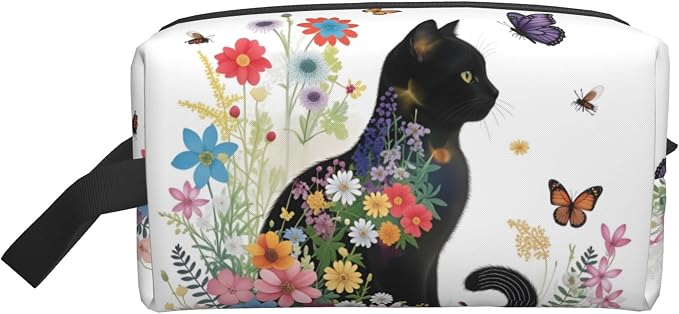 Floral Cat Silhouette Makeup Bag - Durable 600D Oxford Fabric Travel Cosmetic Bag, Shockproof Foam Padded Toiletry Organizer for Gym & Daily Use 10x6.2x4.9 Inch