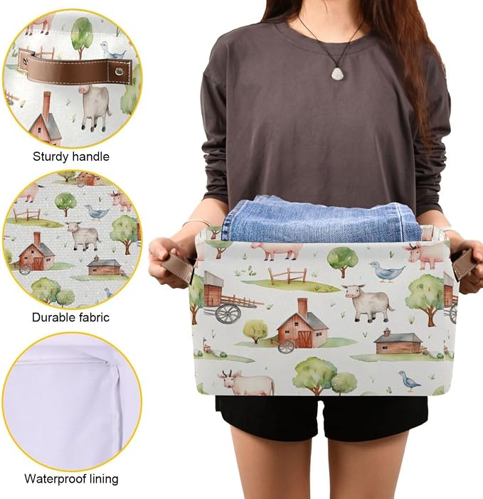 Kigai Farm Animals Storage Basket Waterproof Collapsible Fabric Laundry Basket with Handles Gift Bin Closet Organizer Bin for Bedroom Nursery Office 1 PACK