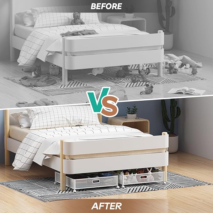 Under Bed Storage with Wheels & Handle,Metal,Large,4 Pack,White | Tool-free assembly,glide smoothly,easy reach,foldable,maxmazie low-profile beds,dorm,keep seasonal clothes,shoes,sockes fresh