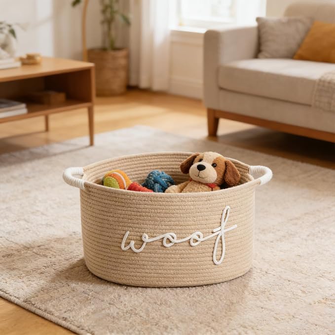 Hand Woven Cotton Rope Dog Toy Storage Basket Featuring Animal Patterns and Strong Handles for Pets