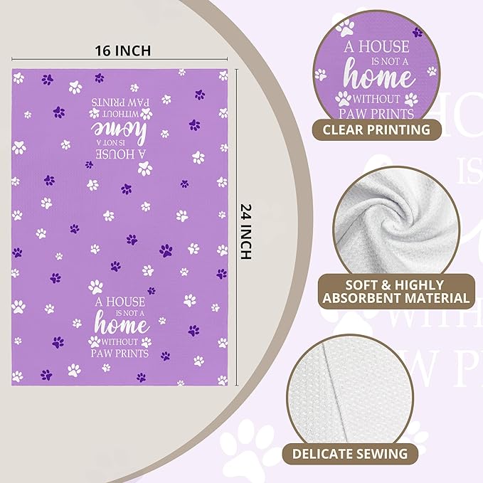 Purple Paw Farmhouse Kitchen Towels Decor Gifts for Women Pet Lovers, A House is Not A Home Without Paw Prints Decorative Bathroom Towels, Funny Dish Hand Towels for Kitchen Drying 16x24 Inch