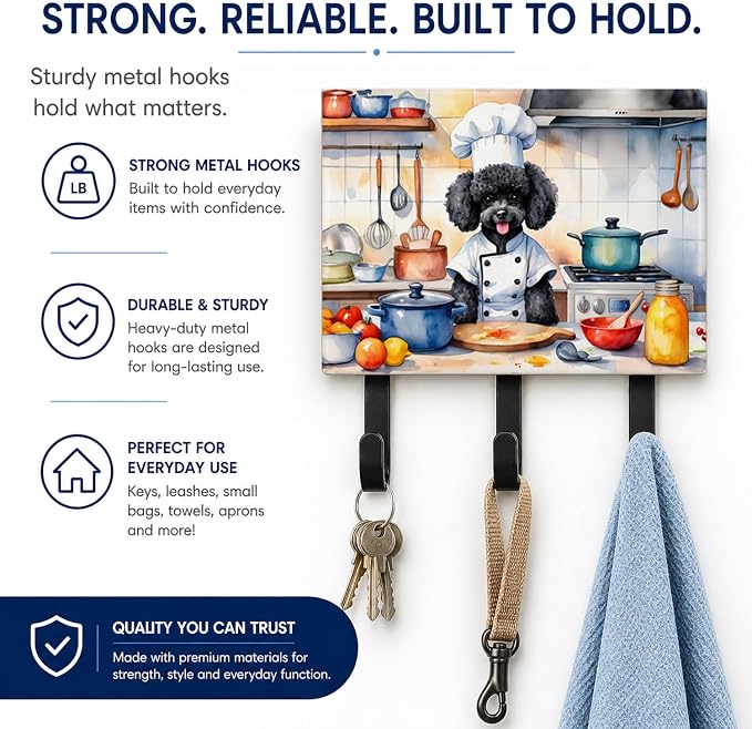 Caroline's Treasures Black Poodle The Chef Leash or Key Holder Wall Hooks, Key Hooks Holder, Coat Rack Wall Mount, Coat Hooks, Hooks for Hanging Keys, Towels, Aprons, Leashes | Black Poodle The Chef artwork on ceramic tile with three steel hooks for ke...