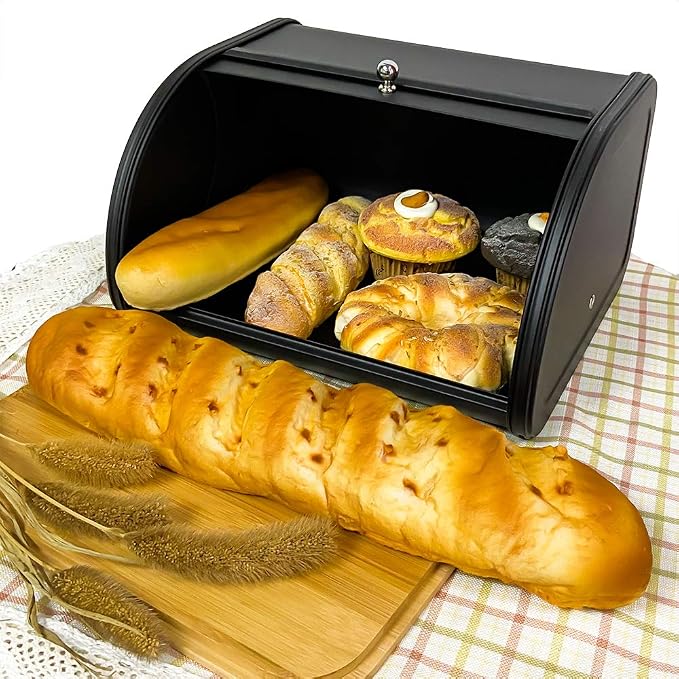 Home by Jackie Inc X458 Black Metal Bread Box/Bin/kitchen Storage Containers with Roll Top Lid (Black) | Large Space, Keeps Bakery Items Fresh Longer, Stores Cookies, Bagels, Muffins