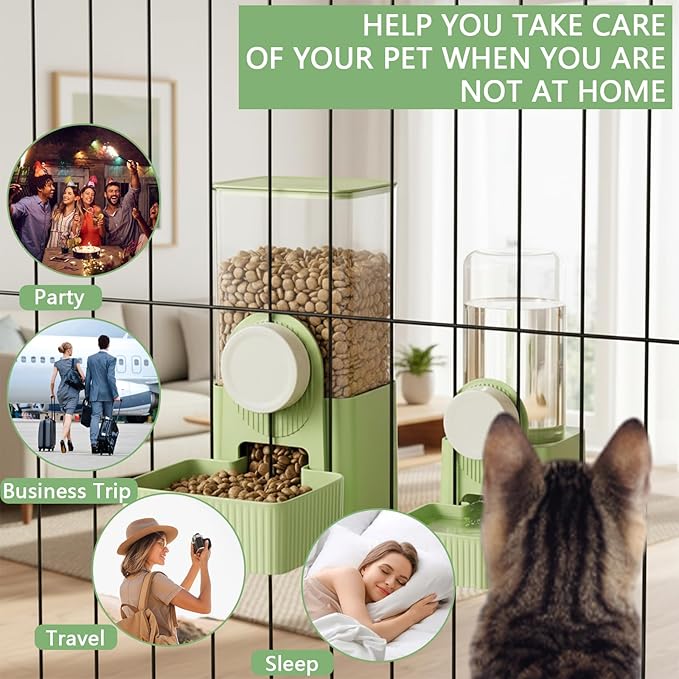 Hanging Automatic Pet Food Water Dispenser,Gravity Bunny Water Food Bowl Dispenser for Cage Kitten Rabbit,Puppy and Chinchilla Hedgehog Ferret (Green)