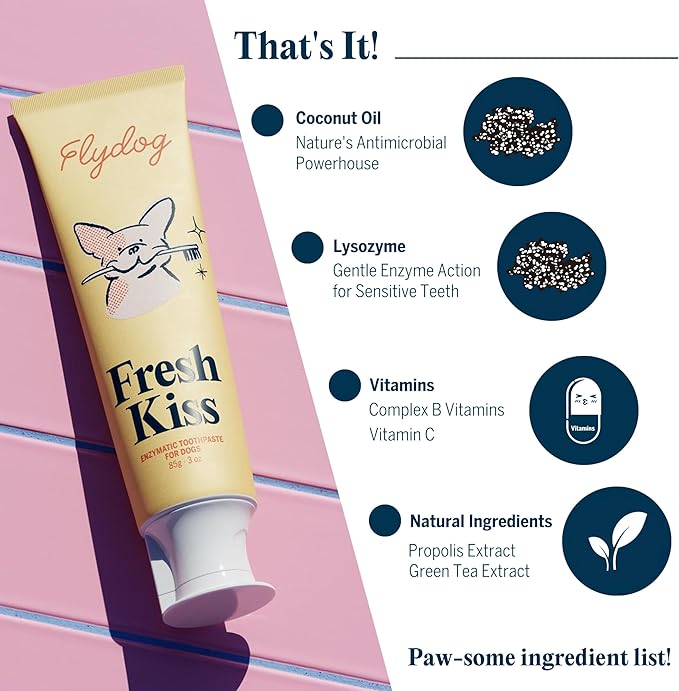 FlyDog Fresh Kiss Dog Tooth Brushing Kit - Vet Approved Formula, Enzymatic Dog Toothpaste and Brush - Breath Freshener & Tartar Remover, 360° Toothbrush & Finger Brush, Dental Guide, Coconut Flavor