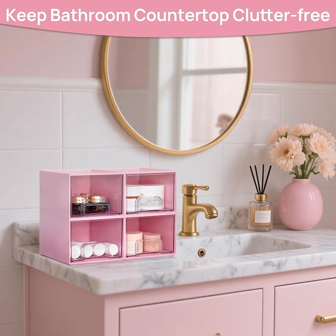 Vtopmart 4 Pack Small Clear Stackable Storage Drawers, Pink | Bathroom Makeup Accessories Organizer, Plastic Bins For Desk, Vanity, Undersink, Medicine Cabinet ,Home Organization
