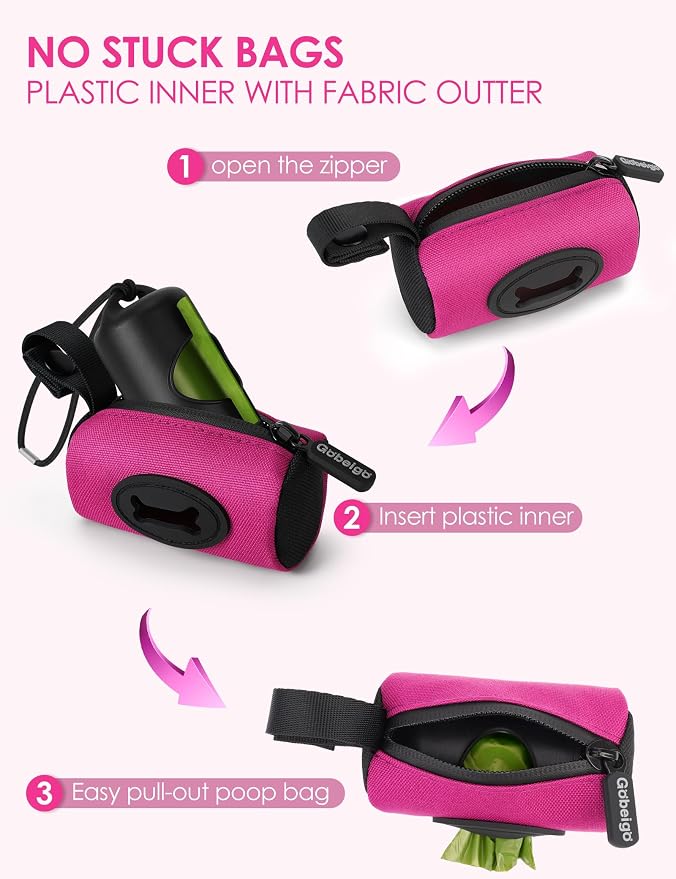 Gobeigo 2-in-1 Dog Poop Bag Holder【Easy Pull-Out Version】(Hot Pink) | Hard Plastic Insert & Soft Fabric Bag Snap-On Strap Dispenser Fits Retractable and Standard Leashes with 1 Roll Bags