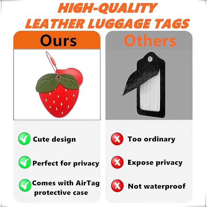 PU Leather Luggage Tag with Airtag Holder Case Set and Name ID Label | Hidden Compartment for AirTag Travel Suitcase Tracking Case with Stainless Steel Loop,Cute Fruit Plant Styles,Strawberry