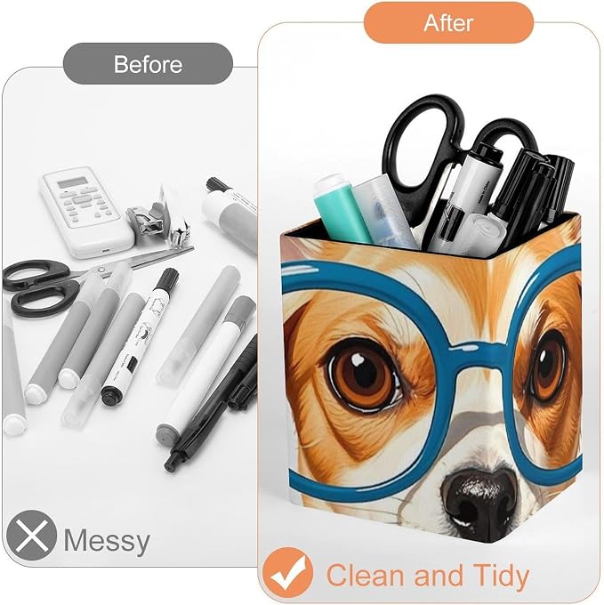 Pet Dog Soft Bow Tie, Oversized Glasses Leather Pen Holder, Square Pencil Box for Office
