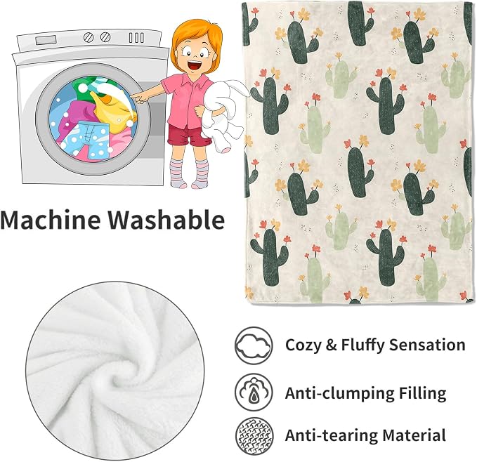 Cactus Blanket,40x50in,Cute Pastel Cacti with Blooming Flower Throw Blankets,Gifts for Kids Girls Women, Lightweight Soft Fleece Cozy,for Sofa Couch Bed Room Travel Southwestern Modern Decor