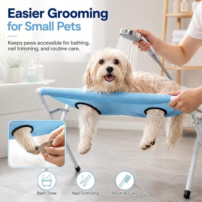 Dog Bath Rack, Foldable Pet Shower Grooming Stand with Mesh Hammock, Portable Dog Bath Table for Shower and Nail Care, Stable Frame Support for Puppies Cats and Small Breeds, Grey