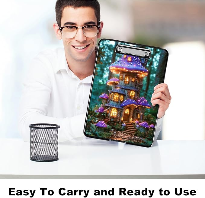 Heavy Duty Storage Clipboard, Slim Nursing Clipboard with Internal Pen Case, Portable File Organizer Case for A4 Letter Size Paper Office Medical Professionals, Purple Mushroom Castle