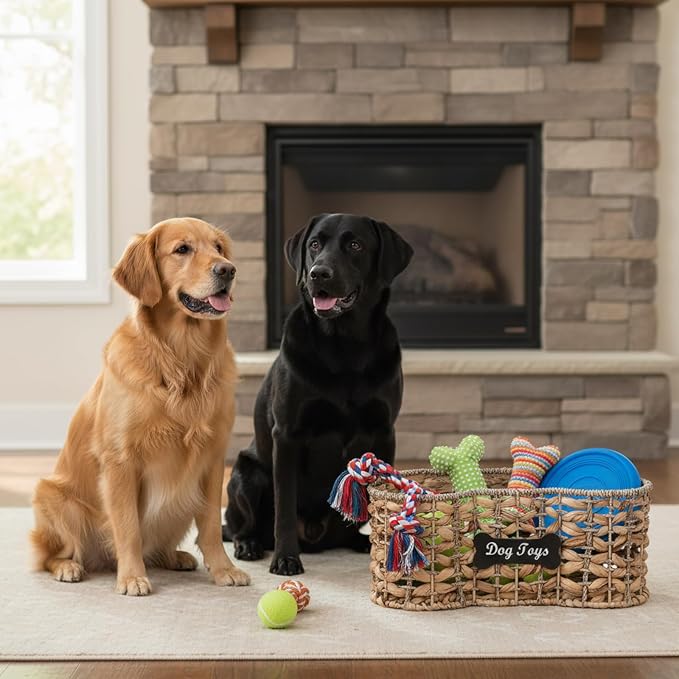 Handmade Wicker Baskets for Dog Toys,Bone Shaped Dogs Toy Bin with Wire Frame,Dog Toy Boxes for Living Room,Farmhouse Pet Stuff Organizer