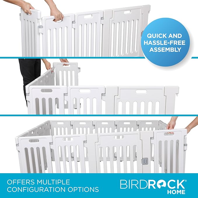 BIRDROCK HOME Dog Playpen w/Door, 16 Panel, 25.6in H | Strong Plastic, Non-Slip Puppy Playpen, Secure Pet Gate | Indoor Outdoor Fence | Configurable Panels | Medium to Large Pets - White | 17-Panel Durable Plastic Playpen for Puppies and Small Dogs, Pe...