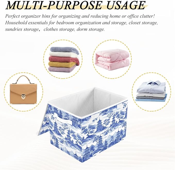 Blue Toile Fabric Storage Bins with Lid Foldable Storage Boxes 40L Baskets | Decorative Storage Boxes, Foldable & Stackable, Dust-Proof Flip Top, Reinforced Handles, For Home & Dorm, Clothes & Toy Box