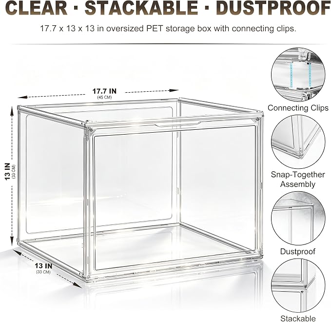 1 Pack Oversized Acrylic Boot Display, Clear Display Box for Boots&Handbags | 17.7 x 13 x 13 in XXX-Large PET box for boots, bulky sneakers, handbags and larger closet items,display closet organization