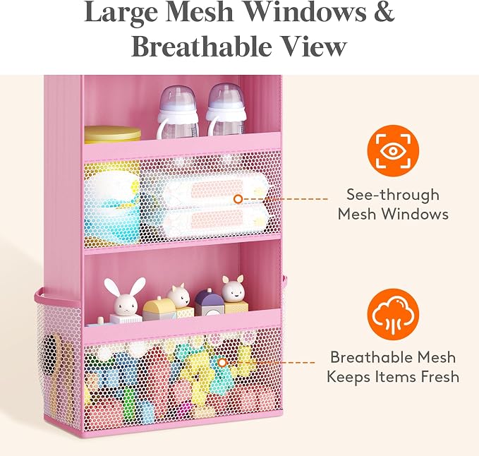 Lifewit 4 Tier Over the Door Organizer, Diaper Hanging Storage, Pink | Nursery Sturdy Large Heavy Duty Back of Door Shelf with 4 Mesh Side Pockets, for Baby Stuff Toy in Pantry, Laundry, Bathroom