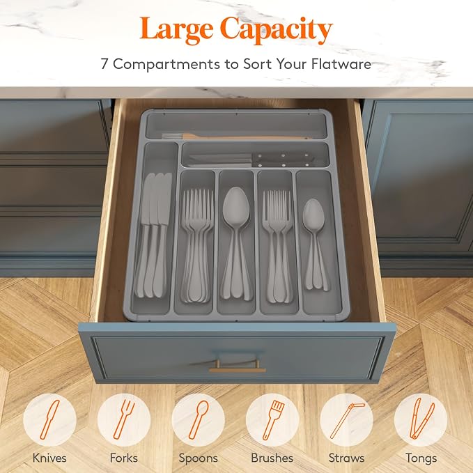 Lifewit Silverware Organizer with Lid, Covered Utensil Tray, 11.3x14.4 | Plastic Cutlery Storage Box for Kitchen Drawer and Countertop, Flatware Case Holder for Spoons Forks Knives, Gray