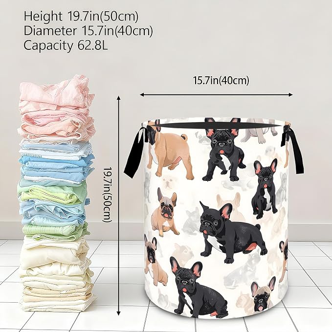 Cute French Bulldog Laundry Basket,Dirty Clothes Hamper,Playful Dog Storage Bin,Puppy Lovers Gifts,Foldable Waterproof Oxford Cloth Baskets for Bathroom,Bedroom,Home Decoration(19.7" x 15.7")