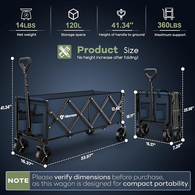 34'' Extra Long Folding Portable Wagon Cart, 120L 360LBS Blue | Wagons Carts Foldable, Heavy Duty, Collapsible Compact Storage, Utility for Shopping/Grocery/Garden/Camping/Sports