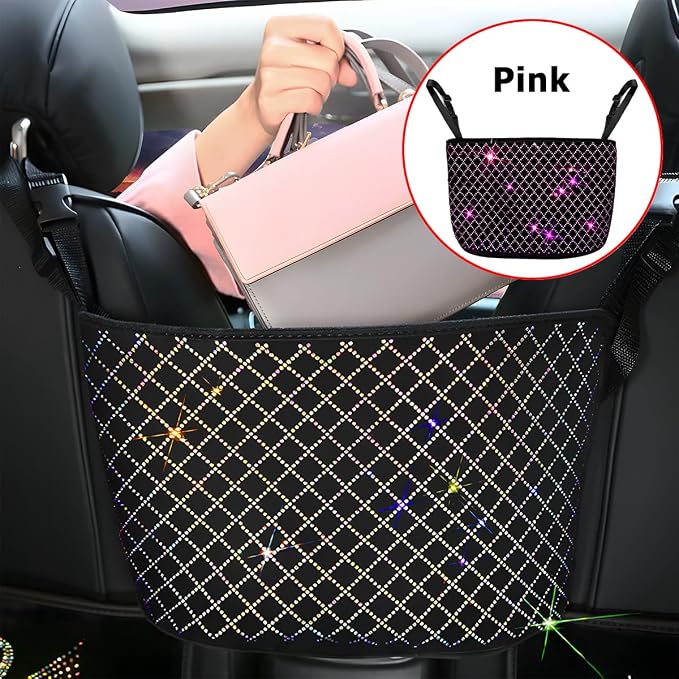 zipelo Bling Car Net Pocket Handbag Holder, Rhinestone Vehicle Backseat Purse Organizer Between Seats, Diamond Hanging Storage Bag Barrier of Pet Kids, Universal Automotive Accessories (Pink)