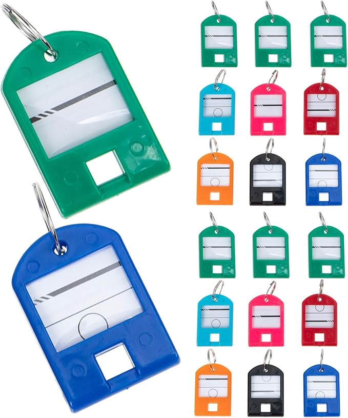 POPETPOP Plastic Key Tags Sturdy Plastic Organizers 100pcs with Split Ring and Personalizable Label, Colored Key Labels and Random Color for USB Drive and Small Luggage for Offices