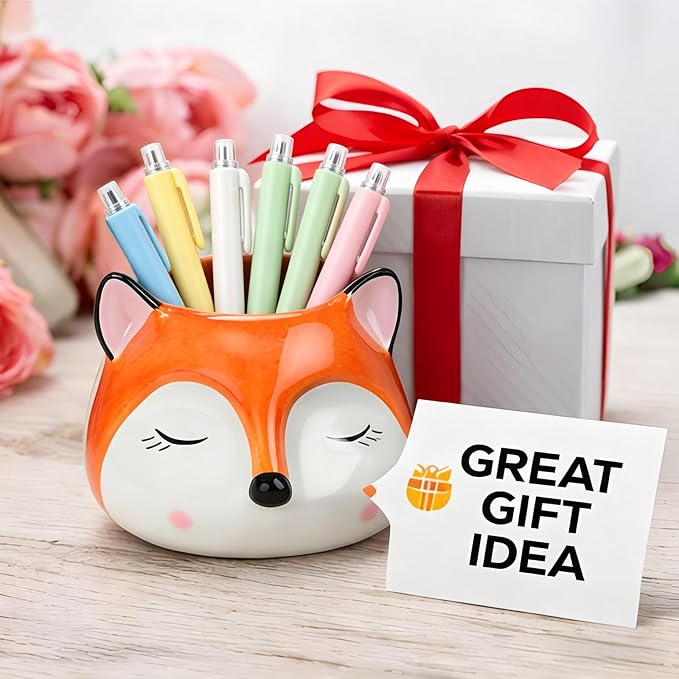 Ceramic Fox Shaped Pen Pencil Holder for Desk Decoration Accessories Fox Decor Makeup Brush Pen Cups Office School Ideal Gifts for Women, Mom or Birthdays