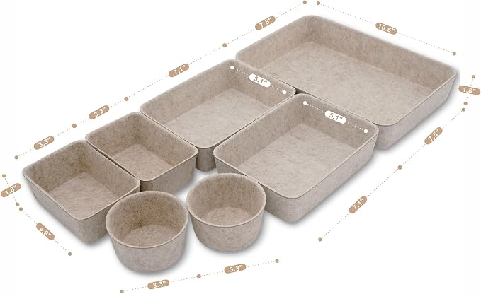 Welaxy 7pc Scandinavian Felt Desk Drawer Organizer Oatmeal Catchall Tray