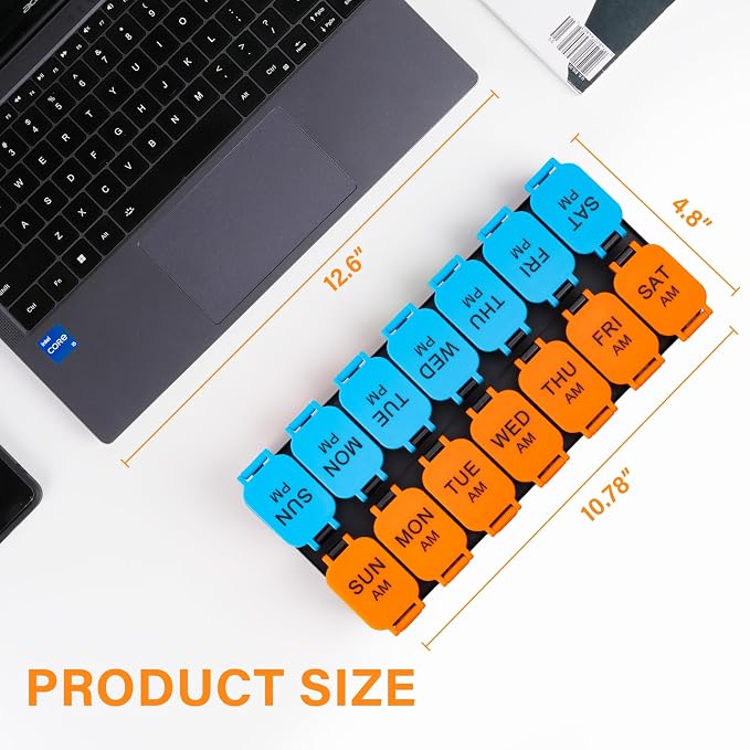 Yaklim Extra Large Weekly Pill Organizer, Detachable 7 Day AM PM Pill Box | XXL 14 Detachable AM PM Compartments；For Big Vitamins & Supplements； Easy to Open & Fill； Waterproof Seals； Easy Readability