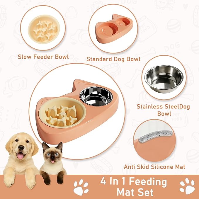 Slow Feeder Dog Bowls 4 in 1, Slow Feeder Bowl, Stainless Steel Water Bowl with Non-Slip Silicone Mat and Standard Bowl Set, Cat and Puppy Bowls Pet Dishes for Small Medium Breed Anti-Choking