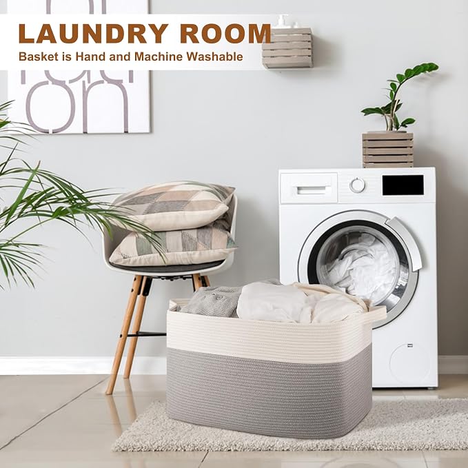 Extra Large Laundry Basket, 95L Blanket Basket for Living Room, Cotton Rope Toy Storage for Kids, Woven Baskets for Clothes, Towels, Pillows, 24" x 17" x 14", Grey and White