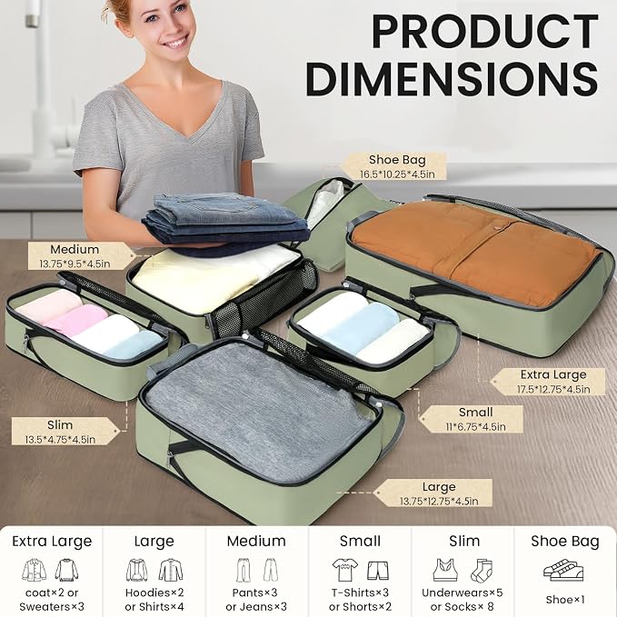 BAGAIL 4 Set/6 Set/8 Set Compression Packing Cubes Travel Accessories Expandable Packing Organizers (Half Mesh, 6-Matcha Green)