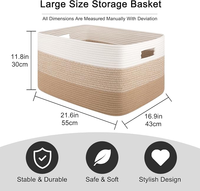 OIAHOMY Blanket Basket Laundry Basket Dog Toy Basket 75L Light Yellow | Large Storage Basket,Baby Basket,Toy Storage,Woven Rope Basket for Blankets,Blanket Storage for Living Room