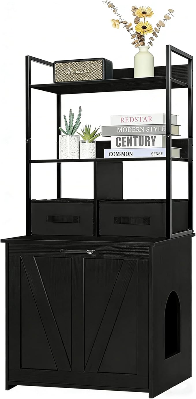 Dwanton Cat Litter Box Enclosure, 2 Storage Shelves and 2 Drawers, 50" H | 2-in-1 Hidden Cat Litter Box Enclosure Furniture with Shelf, Metal Frame, Reversible Entrance, Washable Drawers, Black