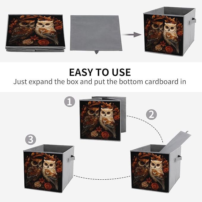 Owl Foldable Storage Bins, 10.6" Cube Storage Organizer, Sturdy Oxford Cloth Fabric Baskets for Closet, Shelf, Nursery, Bedroom, Decorative Printed Box for Toys & Clothes