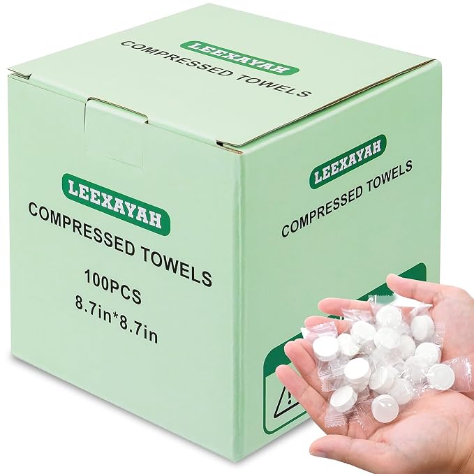 Disposable Compressed Towels, Compressed Towel Tablets, 100 Count | Soft Biodegradable Compressed Towels, Compact Portable For Travel, Camping, Sports, Salon, Kitchen, 3s Quick Absorb, Reusable