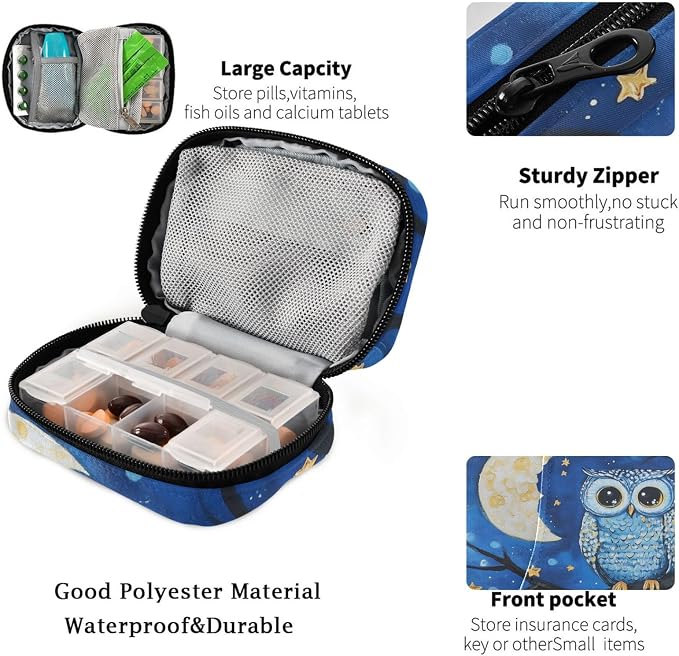 Fustylead Owl Birds on Branch in Night Sky Moon Stars Travel Pill Case Bag with Zipper Weekly Pill Box 8 Compartments 7 Day Personal Pill Case Purse Medicine Case Organizer