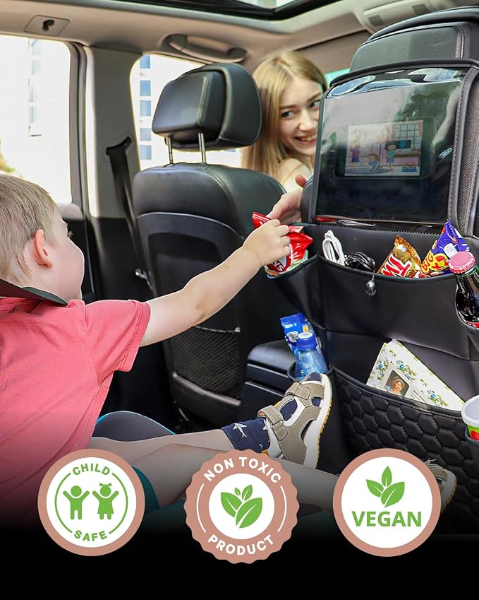 Owleys Back Seat Organizer for Kids with Seat Protector, Black Set | Hanging faux leather organizer, 8 pockets and a clear tablet pocket, with a kick mat that shields the seat back.