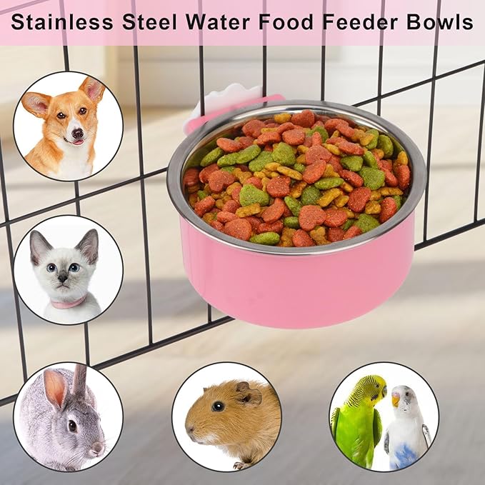 Crate Dog Bowl,Removable Stainless Steel Kennel Water Hanging Food & Water Feeder Crate Water Bowl No Spill for Puppy,Cat,Rabbit,Guinea Pig (Pink)