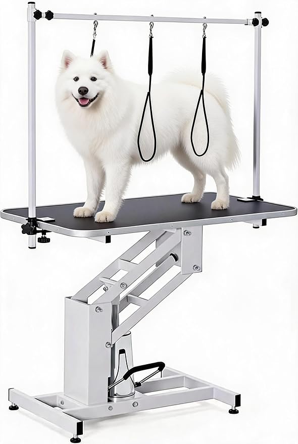 GarveeLife 43.3" Hydraulic Dog Grooming Table for Pet, Heavy Duty Structural Hydraulic Max Load 350Lbs Professional Pet Grooming Table with Adjustable Overhead Arm & Noose Height Range 22"-39" (White)