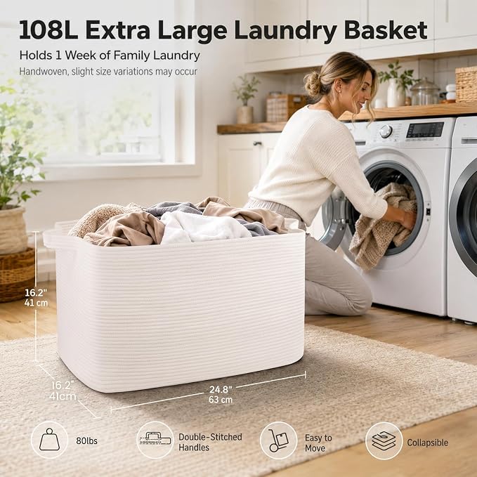 OIASKET 108L Extra Large Blanket Basket Living Room, 24.8" x 16.2" x 16.2" | Rectangle Woven Laundry Hamper, Nursery Blanket Storage Living Room, Toy Storage With Handle, Large Baskets for Organizing