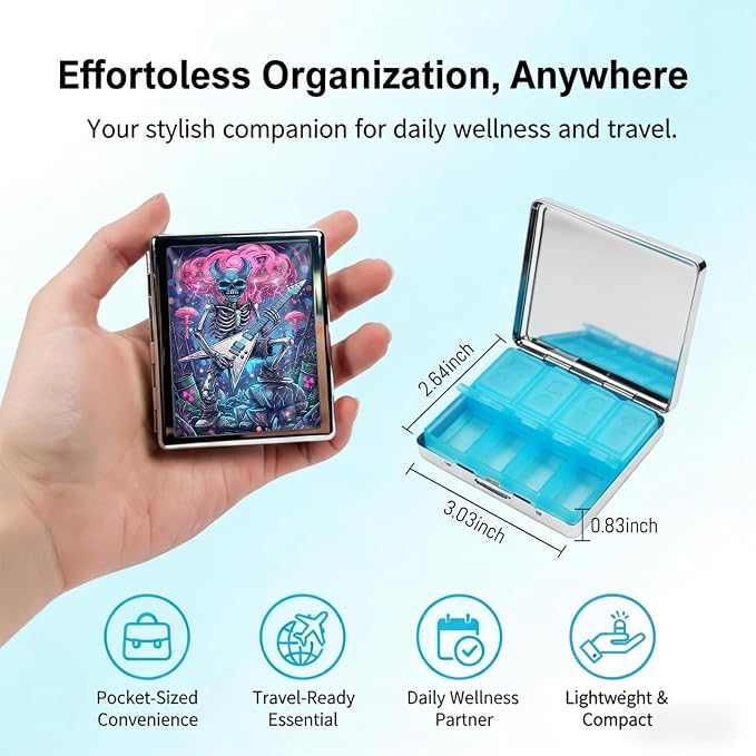 Weekly Pill Organizer, Metal Pill Box with 8 Compartments, Small Travel Pill Case for Purse Pocket, Medicine Vitamin Supplement Organizer (Rock Skeleton)