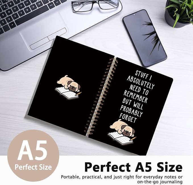 LIANGW Funny Pug Notebook Journal Gifts for Women & Men | Gifts for Pug Lovers Notebooks for Women, Funny Human Resources Gifts for Coworkers, Black Spiral Notebook 5.5x8.3 Inch