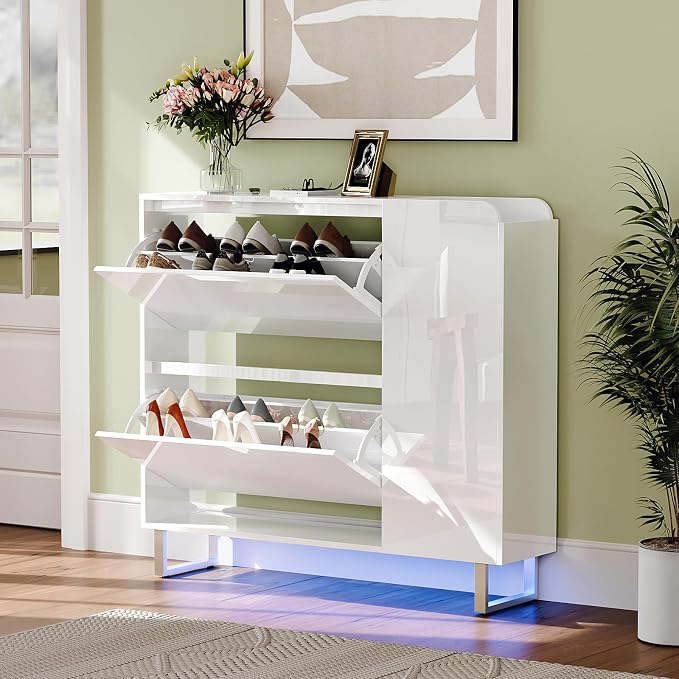 VINGLI Modern High Gloss Shoe Cabinet with LED Lights, Narrow Shoe Storage Organizer with 2 Flip Drawers & Side Cabinet for Tall Boots, Slim Entryway Space Saving, 42", White
