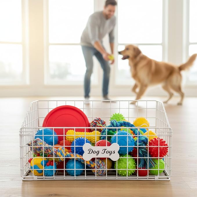 Geyecete Toy Box for Dogs Large Dog Toy Organizer Pet Wire Folding Basket Dog Toy Container Dog Toy Box-Chew-Proof Dog Food Toy Storage-White