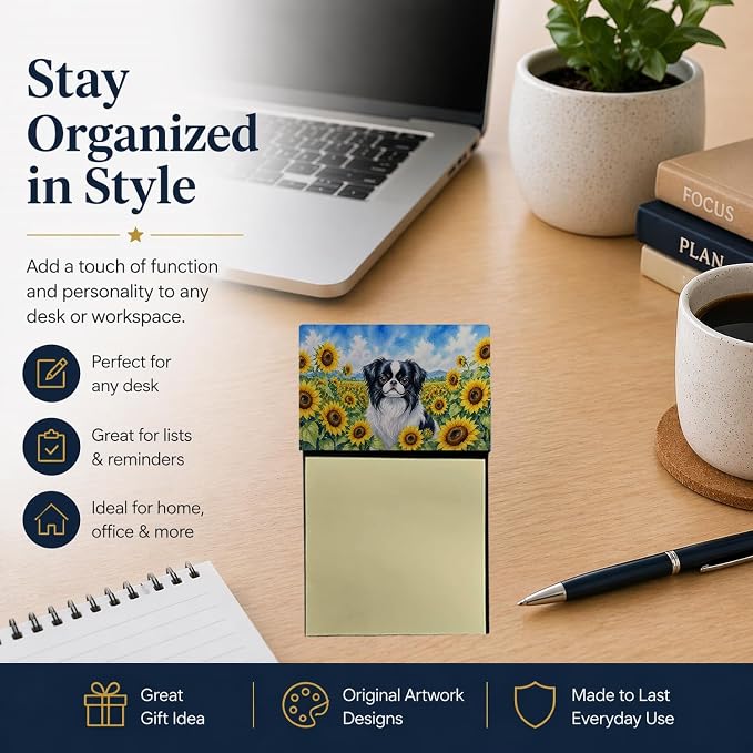 Caroline's Treasures Japanese Chin in Sunflowers Watercolor Sticky Note Holder Refillable Dispenser Desk Accessory 3x3 Pad Gift