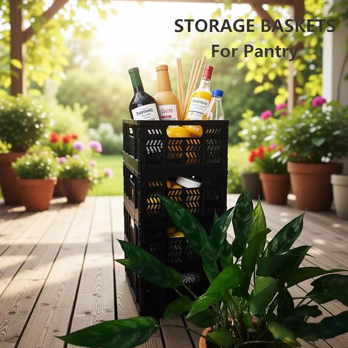 4-Pack 20L Foldable Storage Crates, Heavy Duty Plastic Milk Crates for Storage, Multi-Purpose Collapsible Basket with Handle Suitable for home, office storage, Halloween, Christmas party, Black